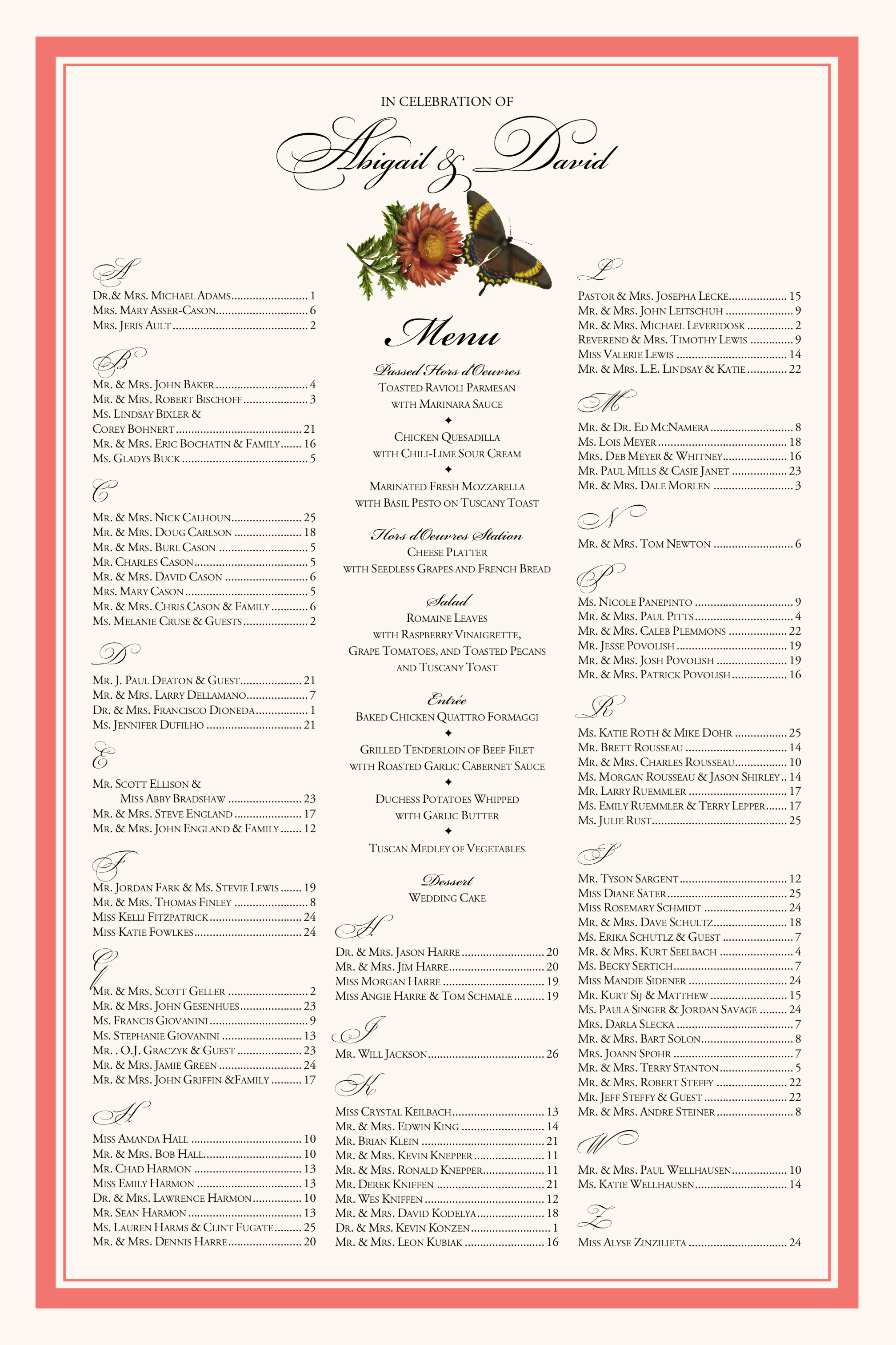 Wedding Seating Chart Gerbera Daisy FLoral Flower Butterfly Border 